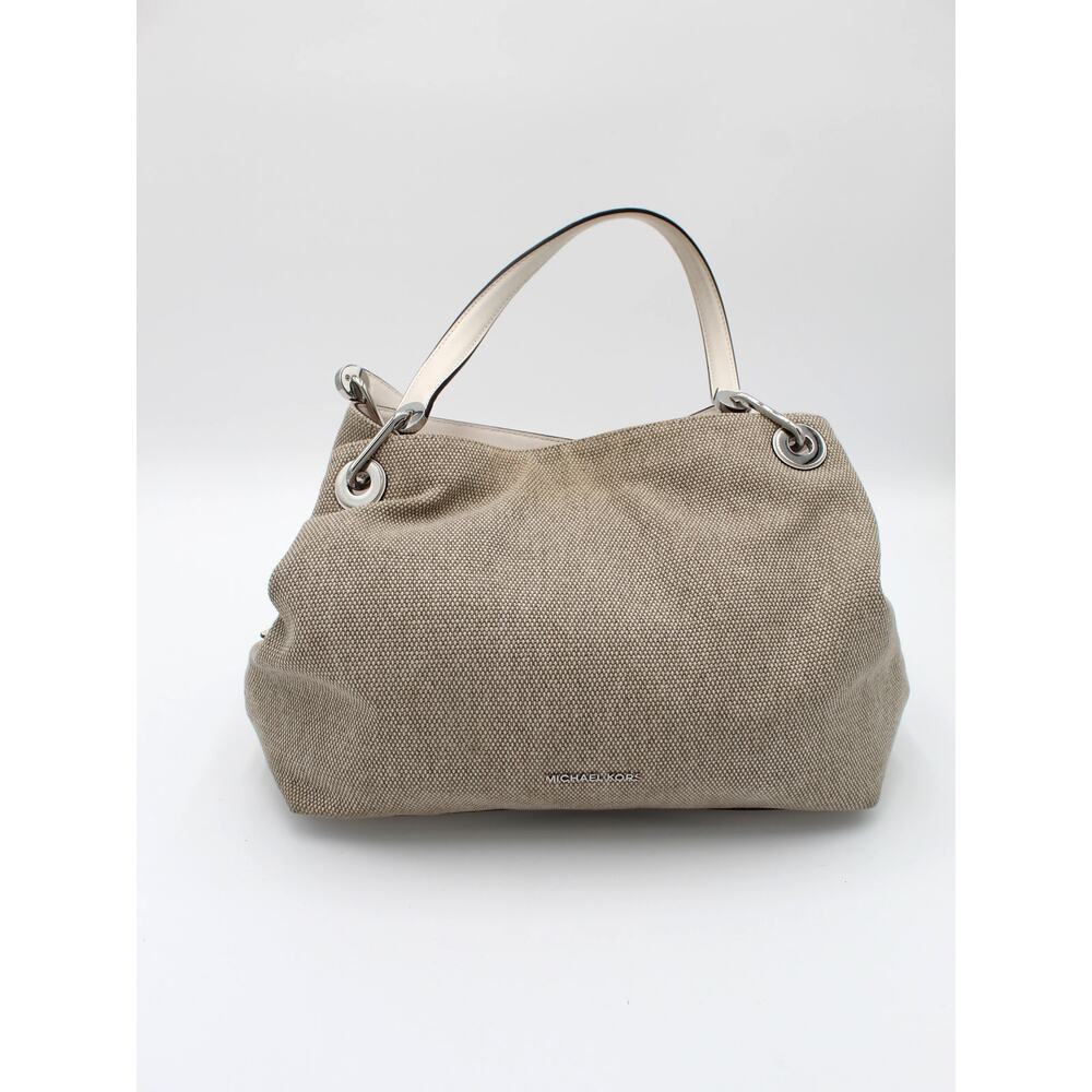 Michael Kors Raven Shoulder Bag Purse Beige White Canvas Fabric Leather Summer - Picture 1 of 12